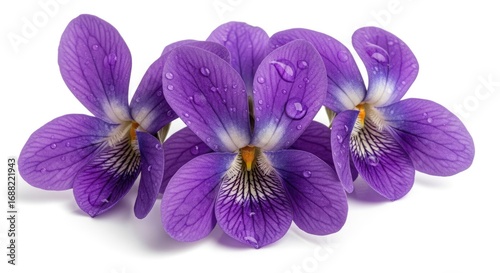 Vibrant Purple Violet Flowers with Sparkling Water Droplets on Delicate Petals, Isolated on a Pure White Background