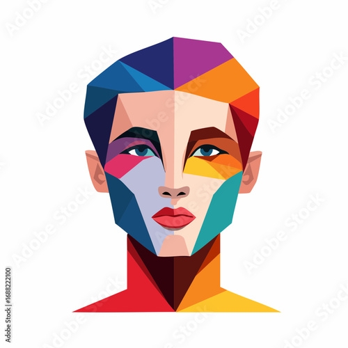 Vibrant Geometric Abstract Portrait of a Person with Colorful Polygon Face and Neck