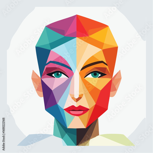 Abstract WPAP Style Face Illustration with Colorful Geometric Polygon Shapes and Symmetry