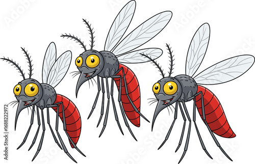 Funny cartoon mosquitoes with big eyes and red bellies flying together isolated on white background vector illustration for kids.
