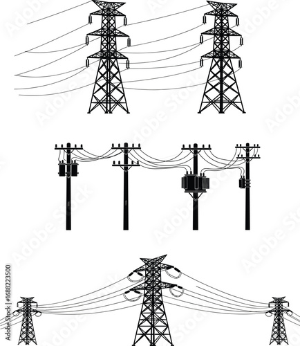 High voltage power transmission towers, electricity poles, utility grid infrastructure, energy distribution system, electrical network design, cad drawing flat vector illustration