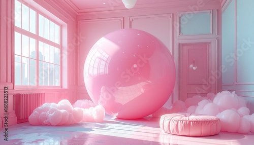 A serene dreamscape interior featuring a giant pink reflective sphere surrounded by soft clouds in a surreal and minimalist pastel room