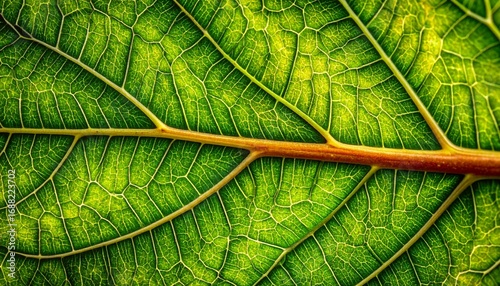 Extreme close-up of a vibrant green leaf, revealing the intricate patterns of its vascular system and cellular texture