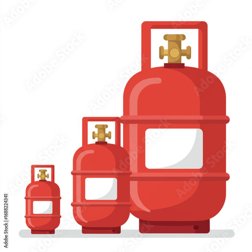 A collection of various sized red liquid petroleum gas cylinders for fuel delivery. Flat vector icon set