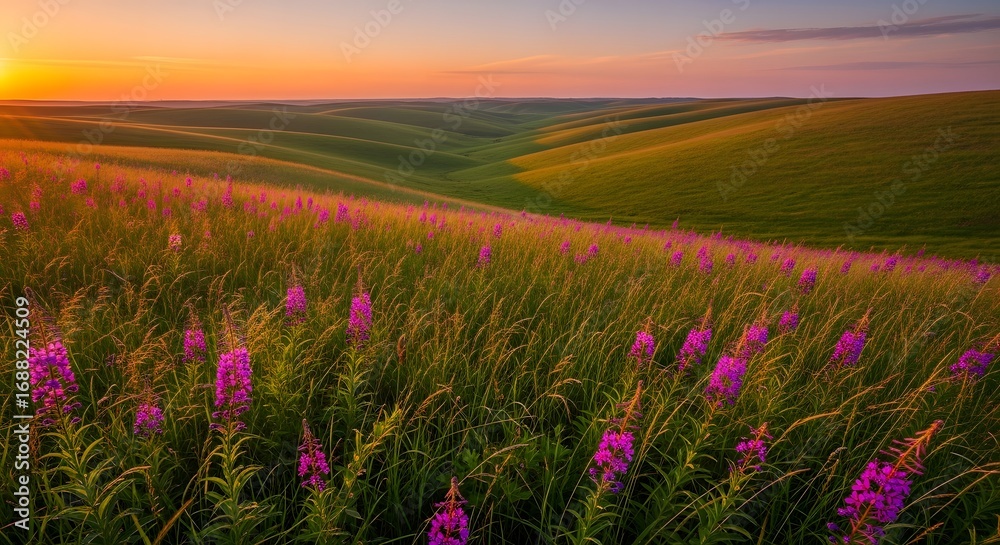 Fototapeta premium Vibrant Wildflowers Bloom in Rolling Green Hills at Sunset.