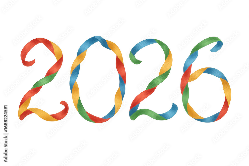 Obraz premium 2026 sign made of colorful twisted ribbons on transparent background