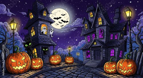 Spooky Halloween haunted house scene with glowing pumpkins eerie moonlit night sky ghosts witches bats fog and vibrant seasonal decor for festive atmosphere
