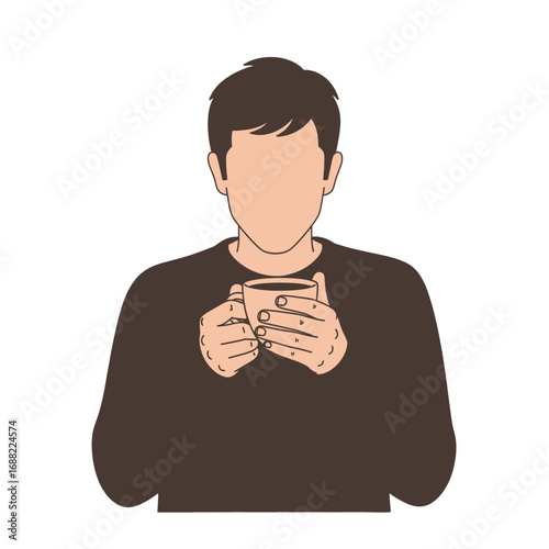 Illustration of a Man in Dark Shirt Holding a Cup with Two Hands on Isolated White Background