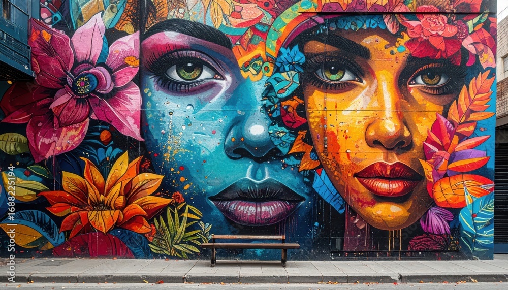 Fototapeta premium Vibrant mural of a woman's face adorned with colorful flowers and foliage, painted on a city street wall.