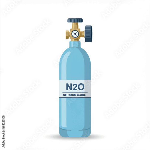 Blue medical nitrous oxide gas cylinder or N2O laughing gas tank for dental anesthesia, isolated vector icon