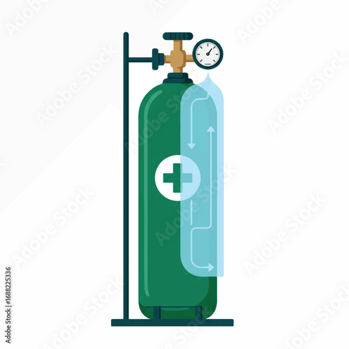 Green medical oxygen tank with a pressure gauge on a stand. Vector illustration of equipment for breathing therapy and healthcare