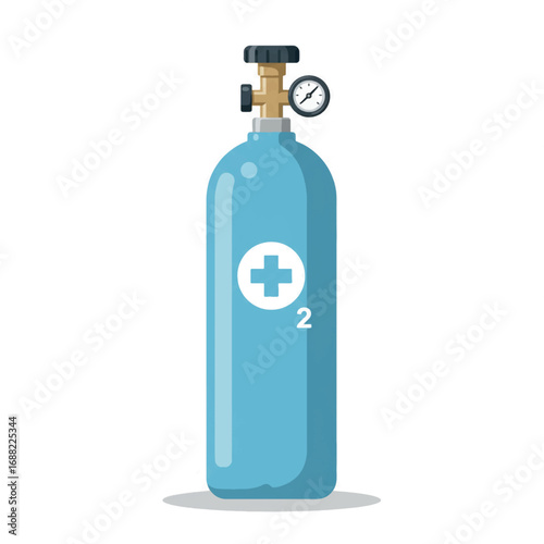 Blue medical oxygen gas cylinder with a valve and pressure regulator gauge, a flat design vector illustration for healthcare