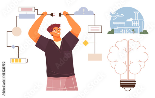 Person linking power cables, symbolizing innovation, technology, progress, and sustainability. Includes circuit flow, airport, tree bulb. Ideal for creativity business strategy problem-solving