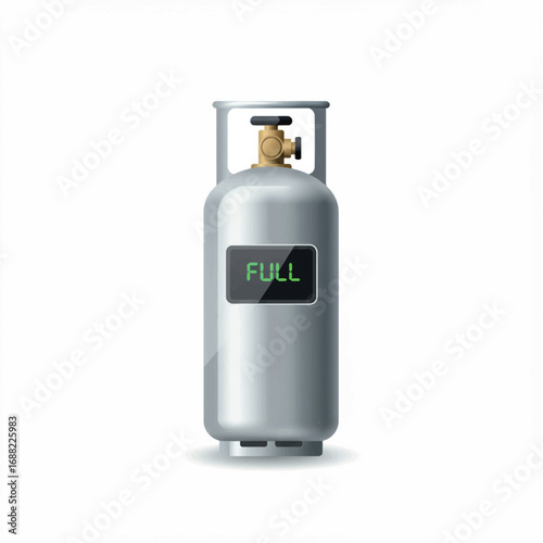 A modern silver propane gas cylinder featuring a digital display indicating a full tank, isolated on a white background vector