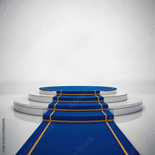 Elegant blue carpet and podium stage with gold trim for awards ceremonies and events