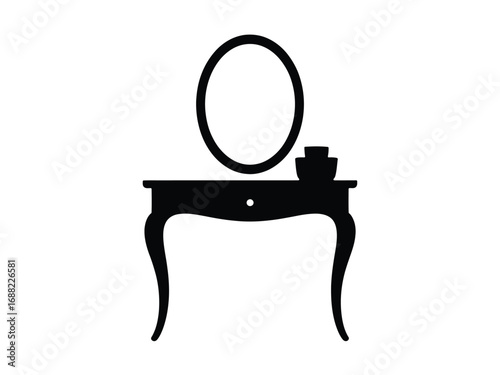 Elegant silhouette of a vanity table with mirror and perfume bottles