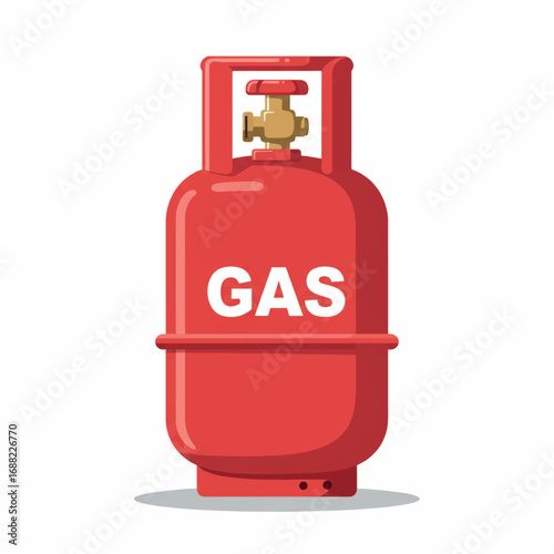Industrial red steel cylinder storing compressed liquefied petroleum gas or flammable refrigerant fuel. Flat vector icon of a tank