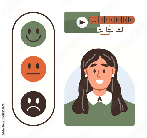 Person smiling next to emotional feedback icons, including happy, neutral, and sad faces. Media controls above with play, pause, and timeline. Ideal for feedback, engagement customer support