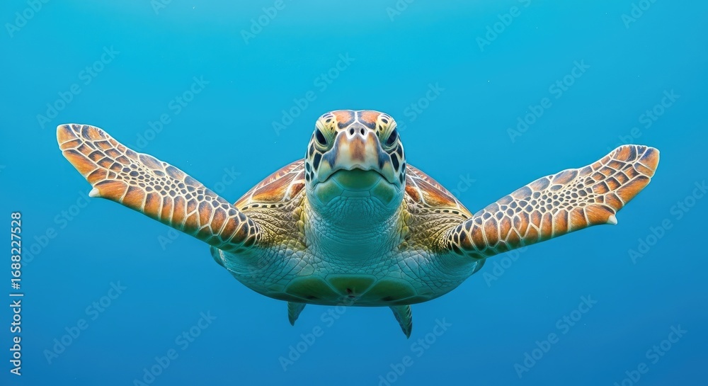 Obraz premium Majestic Green Sea Turtle Swimming Head-On in Crystal Clear Blue Ocean, an Underwater Wildlife Encounter