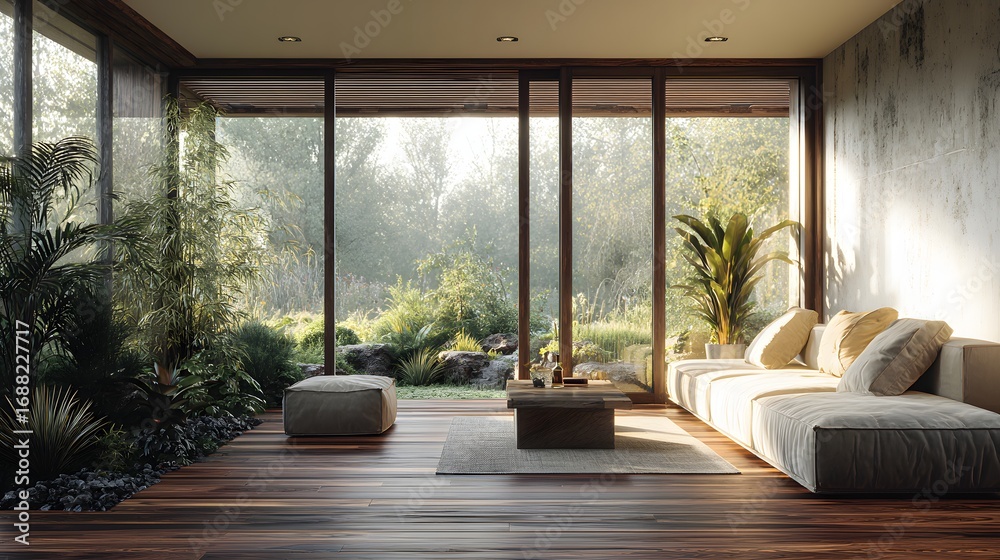 Fototapeta premium Warm and modern living room with glass doors