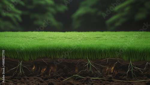 Detailed cross section of green grass and soil with prominent roots and forest background lawn turf