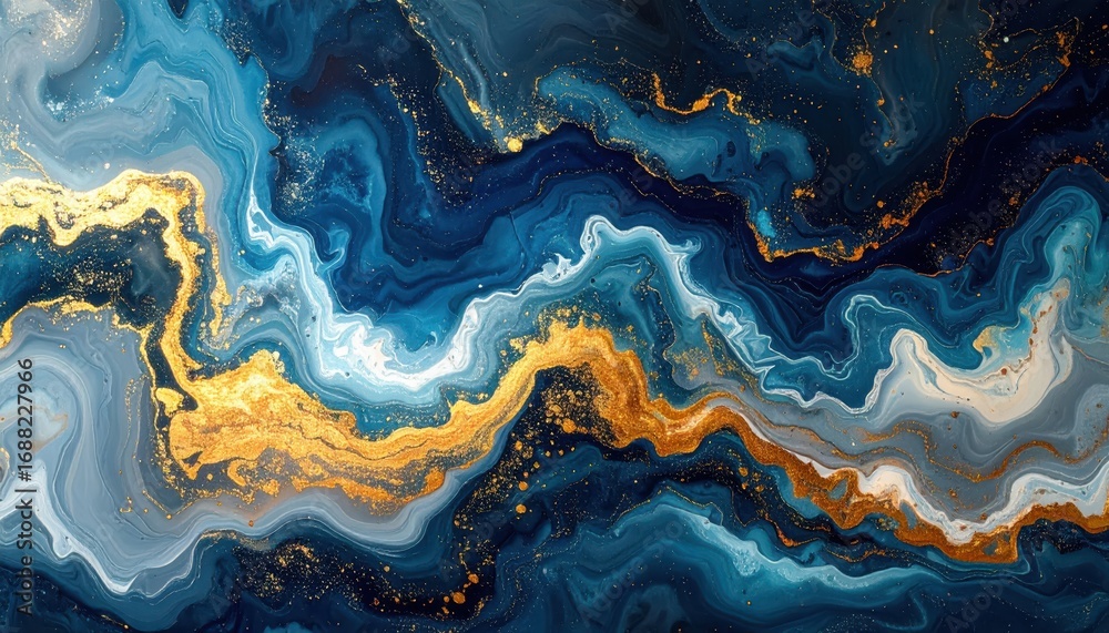 An abstract design featuring swirling patterns of deep blues, light grays, and gold flecks, creating a mesmerizing ocean-like effect.