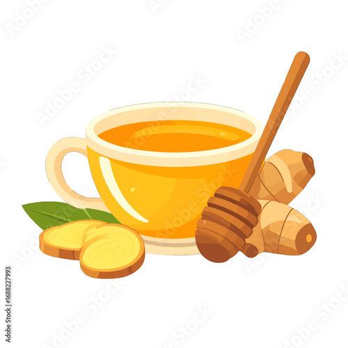 Yellow Tea Cup with Honey Dipper and Ginger Root with Mint Leaf on Isolated Background Healthy Food Illustration