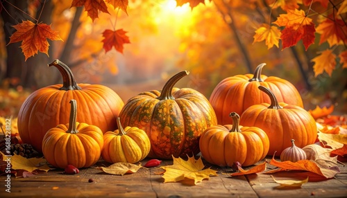 Group of pumpkins of various sizes, bathed in autumnal sunlight, sits on a rustic wooden surface adorned with colorful fall leaves.