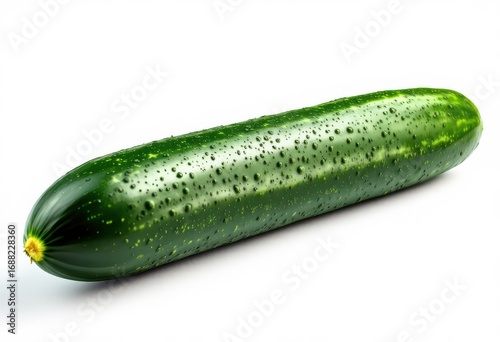 A fresh, vibrant cucumber, glistening with water droplets, rests on a plain white background.