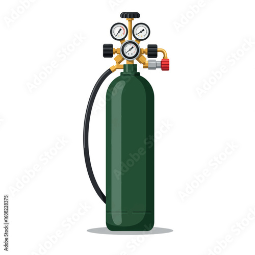 High pressure industrial gas cylinder with a regulator, valve, and pressure gauges for supply
