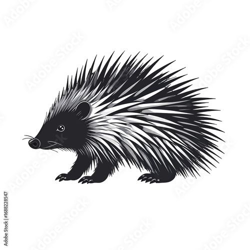 Grayscale Illustration of a Spiny Porcupine Walking on a White Background with Distinct Needle Like Quills and Small Eyes, in a Stylized Render