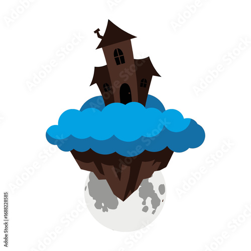 Brown Spooky Building with Blue Clouds and Gray Moon on White Background