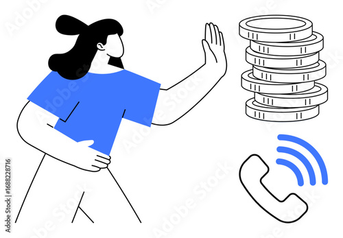 Woman raising hand to block phone call, nearby coins stack and ringing phone emphasize finance and decision-making. Ideal for communication, finance, boundaries, scams, refusal, independence