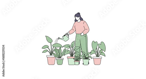 Illustration depicts a person watering various potted plants with a watering can, tending to the greenery.