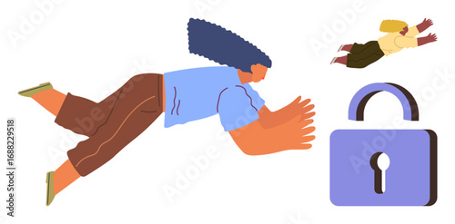 Two individuals flying towards a large padlock symbolizing safety, trust, and security. Ideal for privacy, protection, access control, cybersecurity, trust, digital safety simple flat metaphor