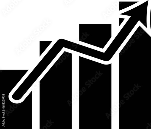 Black graphic depicting an upward trending arrow over a bar graph showing growth curve trend