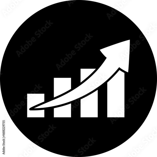 Arrow pointing upwards over a bar graph on a black circular background showing growth and progress icon