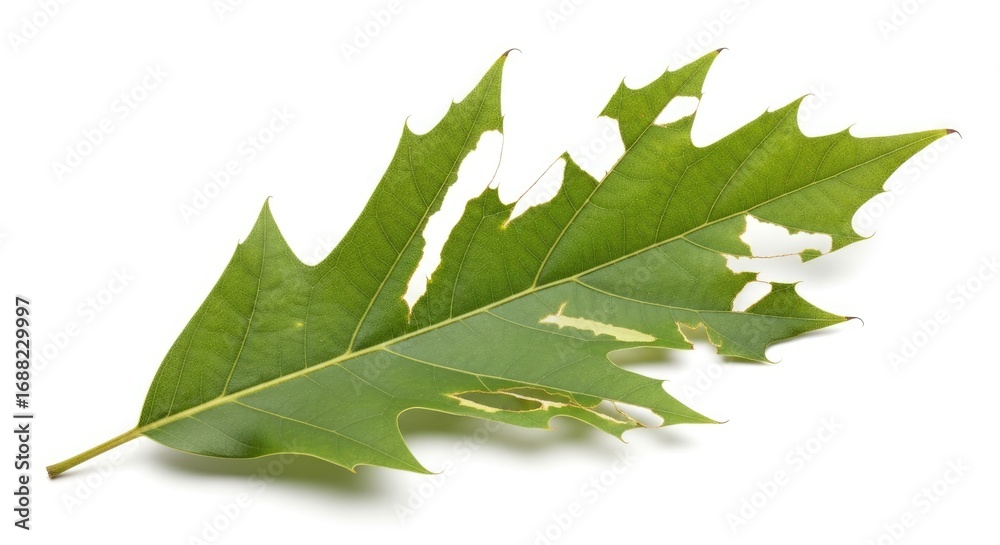 Fototapeta premium Vibrant Green Oak Leaf with Insect Damage and Holes, Isolated on White Background - A Close-up Study of Natural Leaf Texture and Defoliation