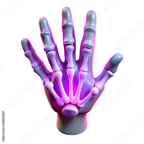 Glowing neon skeleton hand palm upfront surreal sci-fi medical anatomy concept