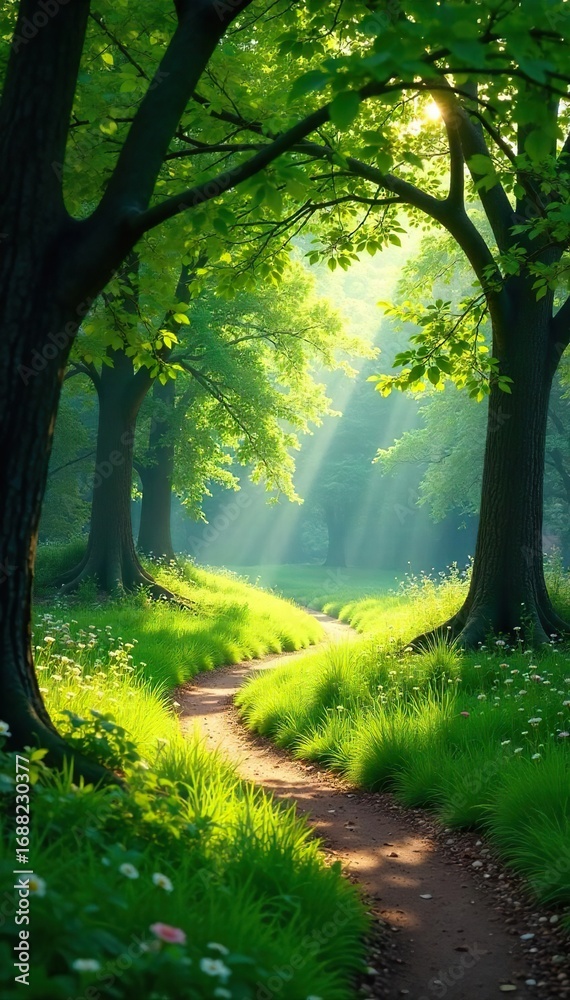 Obraz premium Lush green foliage envelops a tranquil park, sunlight dappling through leaves onto vibrant grass and winding pathways Perfect for nature, serenity, and environmental themes , biodiversity, trees