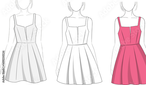 Pink sleeveless dress design, women fashion outfit template, modern summer dress style, clothing pattern illustration, cad drawing flat vector illustration