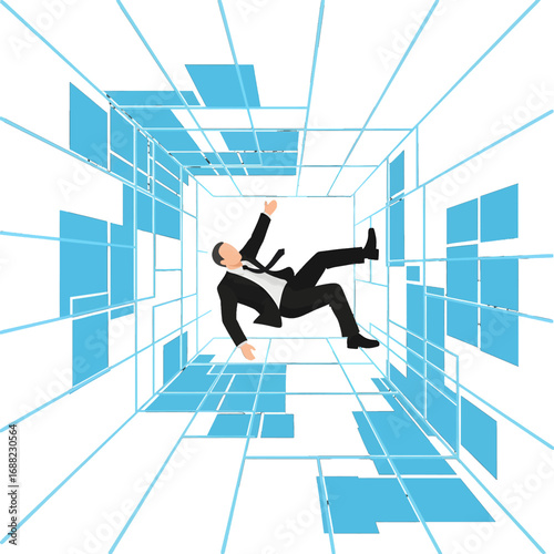 Man Falling Through Geometric Blue Structure Depicting Failure Crisis and Uncertainty in Clean White Background