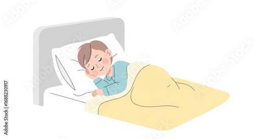 A child peacefully sleeping in a bed, covered by a soft yellow blanket.