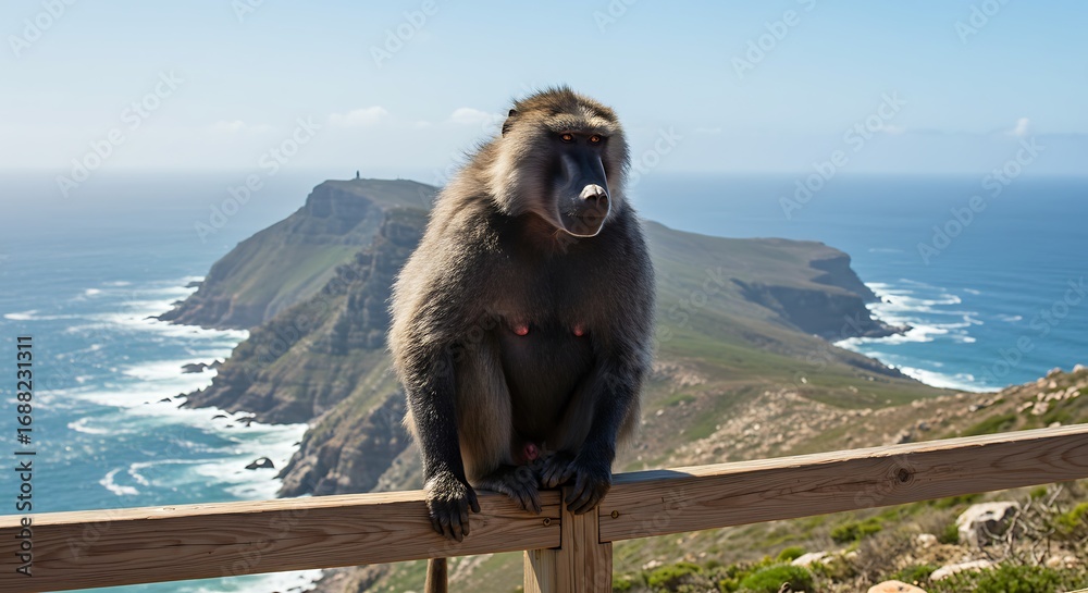 Naklejka premium Baboon on cliffside fence