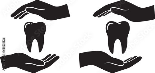 Four hands holding and presenting teeth silhouette
