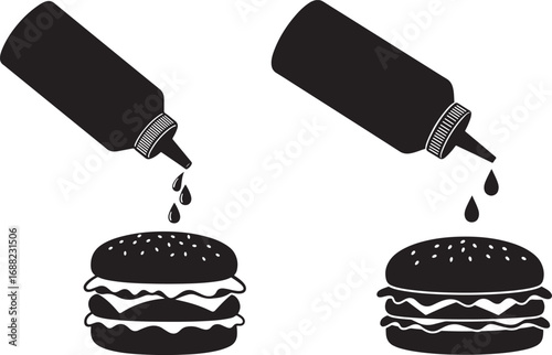 Two burgers with ketchup squeeze bottles silhouette