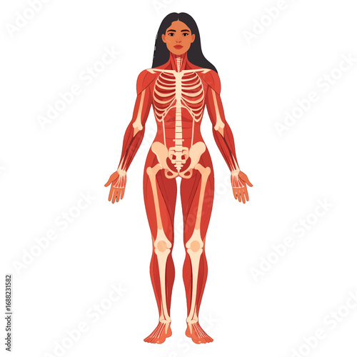 Anatomy Illustration of Human Skeleton and Muscles on White Background