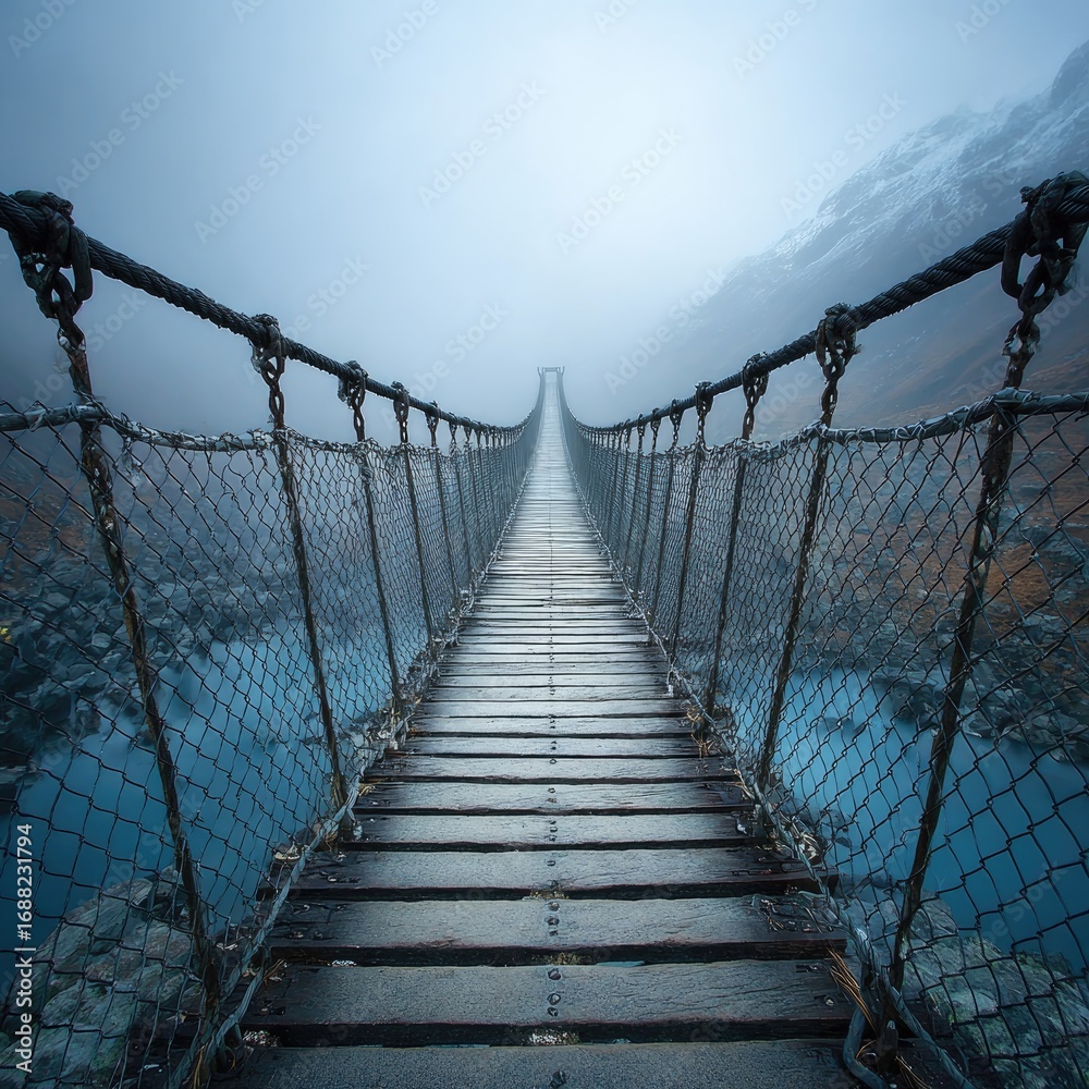 Obraz premium Misty suspension bridge spanning a chasm