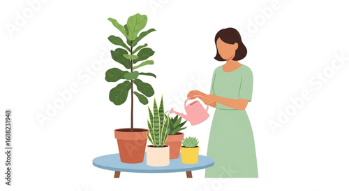 Woman tending to her indoor plants, carefully watering them with a pink watering can.