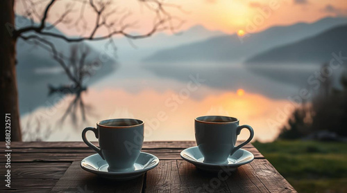 Coffee cups lake sunrise morning relaxing view wooden table nature scenic landscape peaceful tranquil beautiful